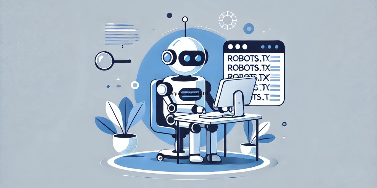 Ilustração minimalista de um robô estilizado interagindo com um arquivo digital exibindo 'robots.txt', representando o rastreamento e indexação no SEO.