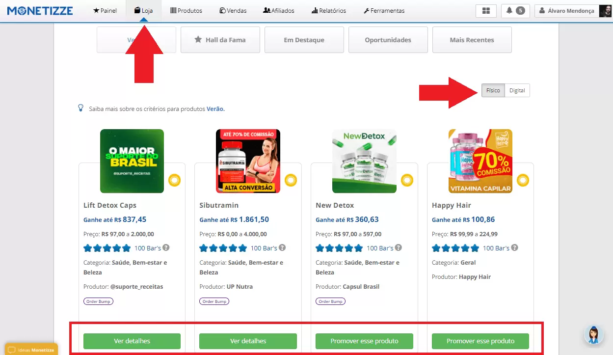 monetizze produtos físicos