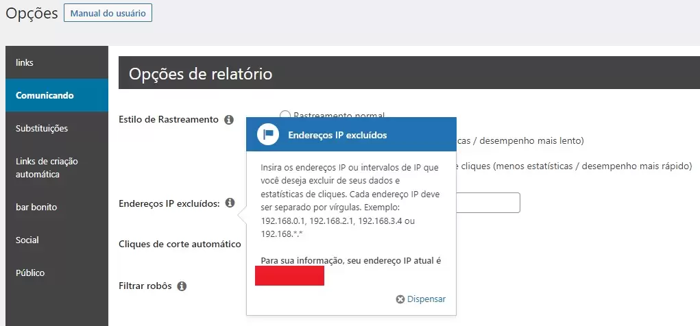 como excluir IP no pretty links