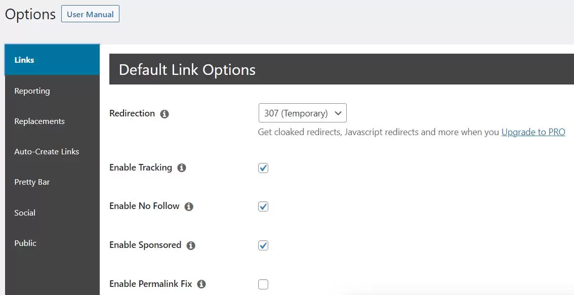 opções do plugin pretty links